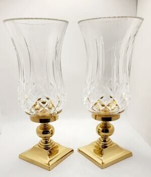 Waterford Lismore Crystal & Brass Hurricane Candle Holders Pair w/Original Boxes